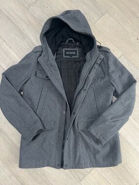 GUESS Men's Gray Hooded Wool-Blend Pea Coat